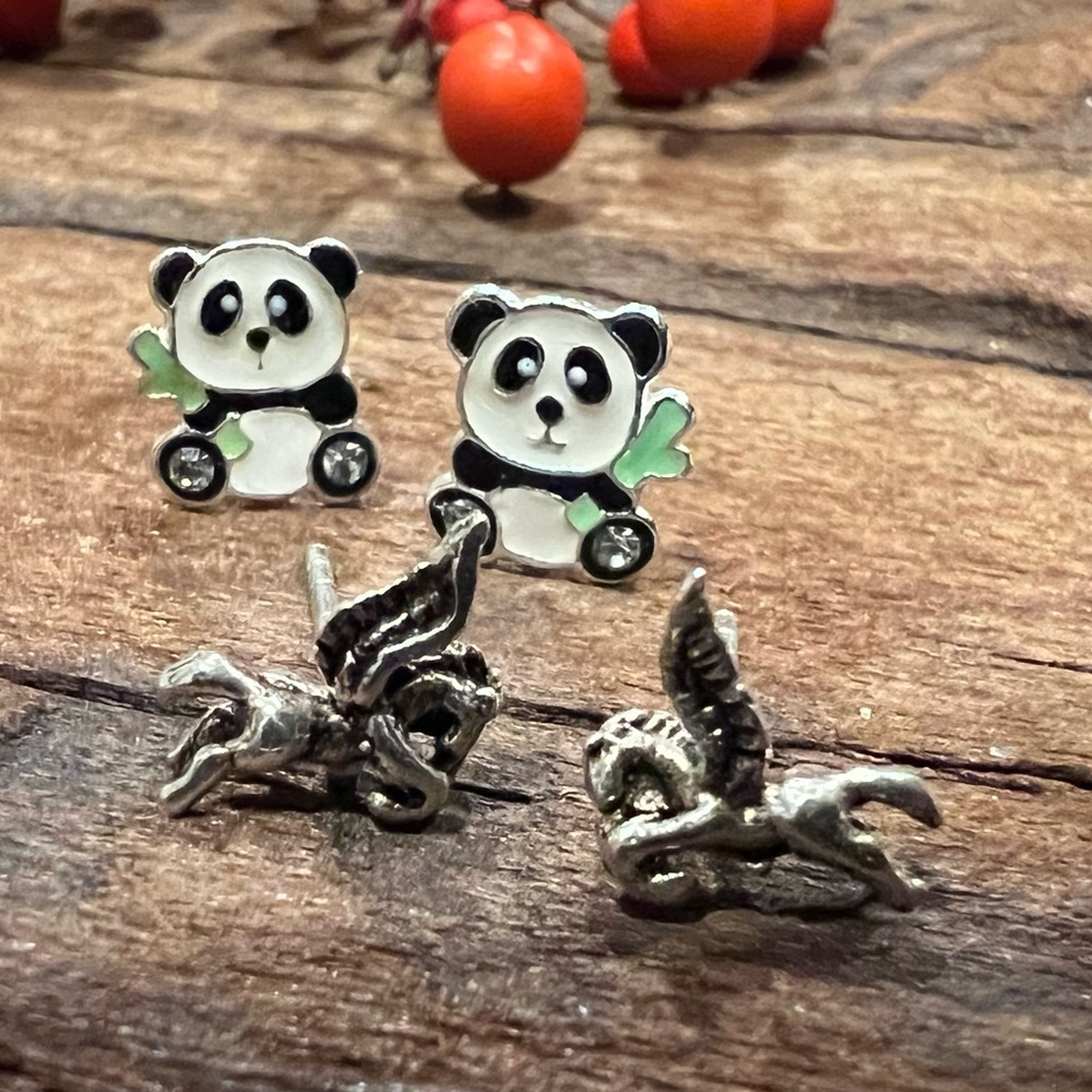 2x Pairs Sterling Silver Studs Earrings Panda Bear Pegasus Horse Crystals